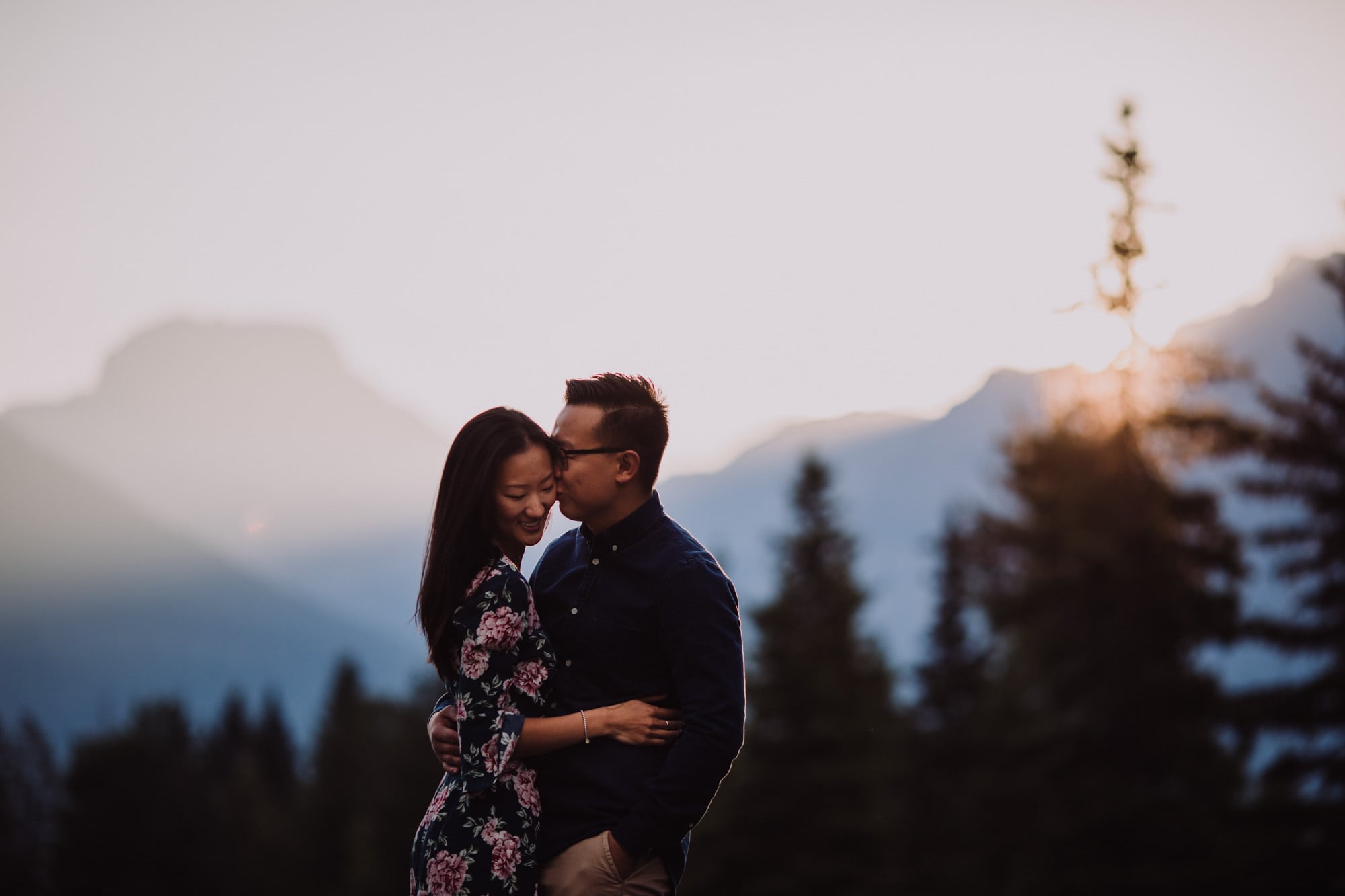 Banff Montreal Wedding Canmore Engagement Quarry Lake Montreal Traveling Destination Photographer Brent Calis Field Mountains Back Light Flare