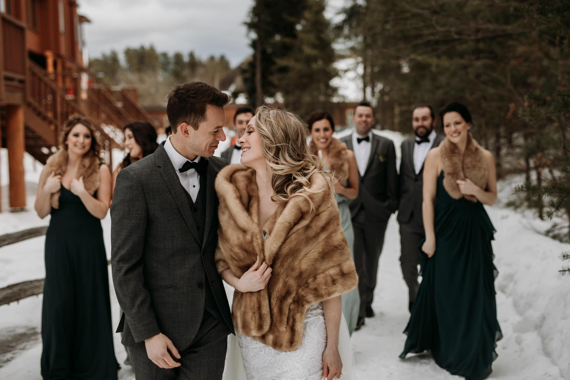 winter wedding bride groom bridal party fur
