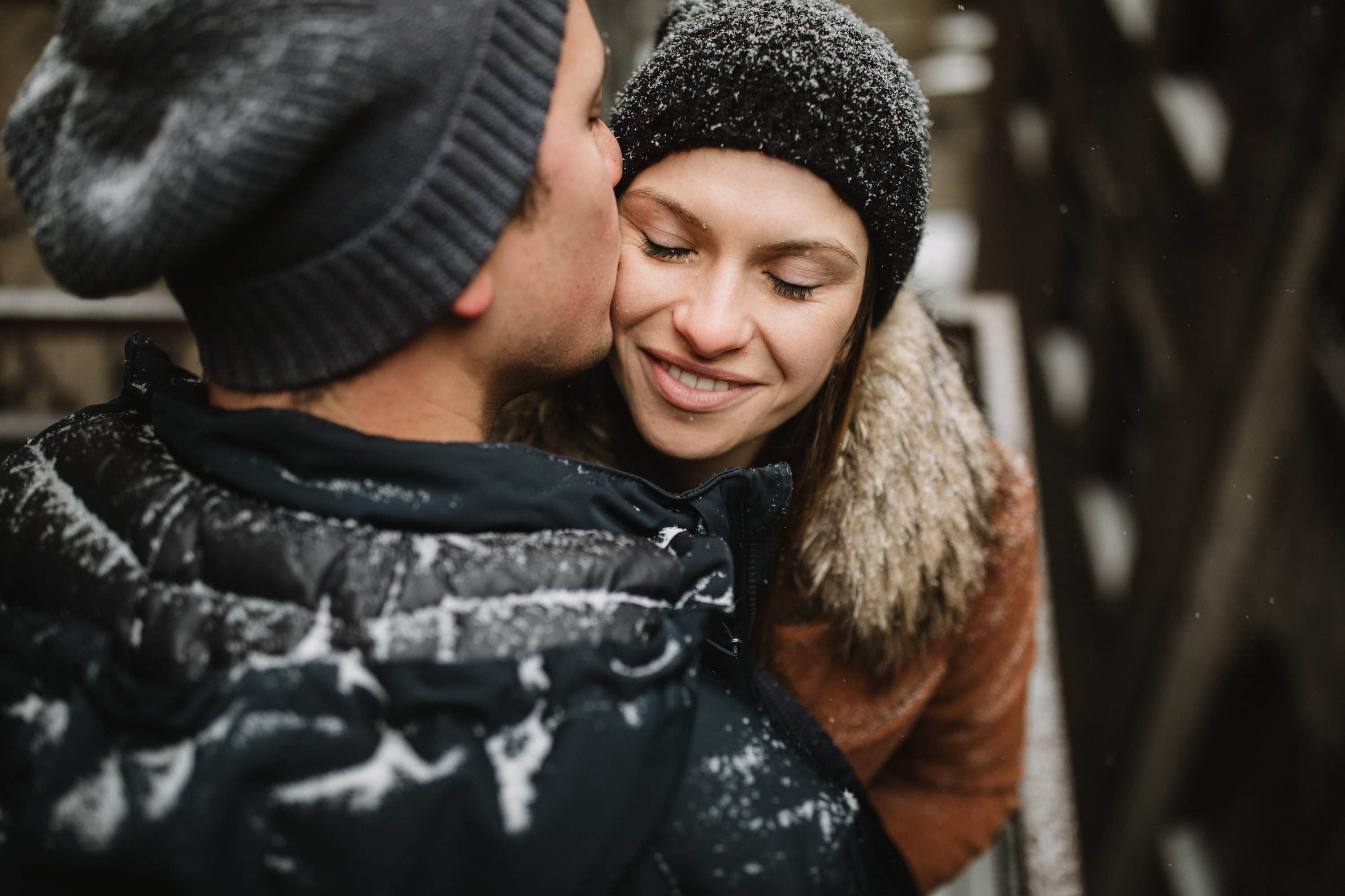 Snowy Urban engagement session in old port Montreal with Montreal photographer Brent Calis.