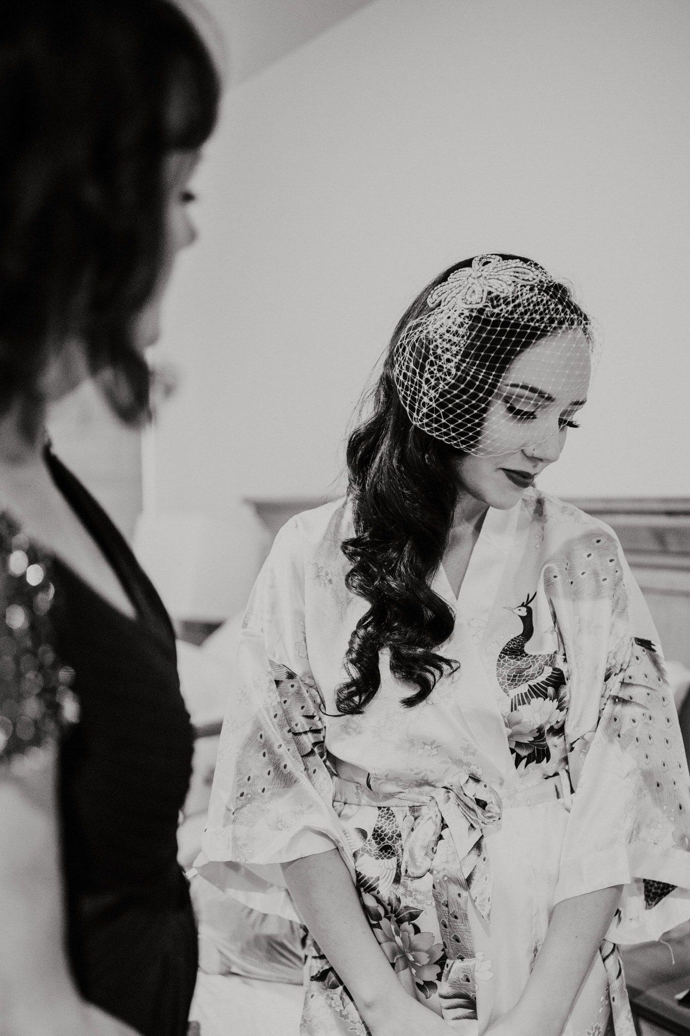 Black and white photo of bride in kimono and vintage veil in Whistler Moutains. Destination wedding photographer Brent Calis.