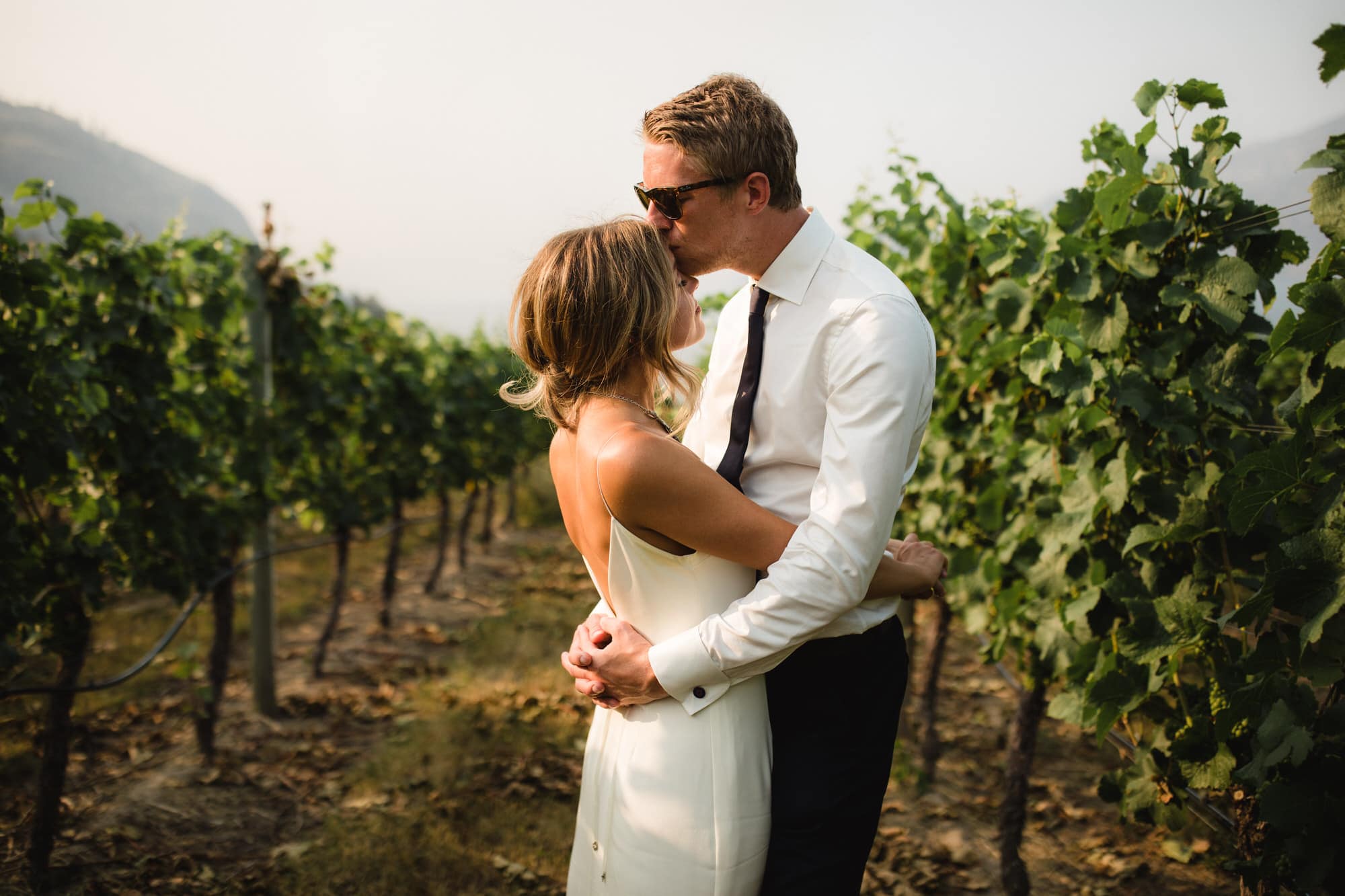 Groom kisses the bride in the vineyard at Evolve Cellars Vineyard on Lake Okanagan, Summerland, BC. Destination wedding photographer Brent Calis.